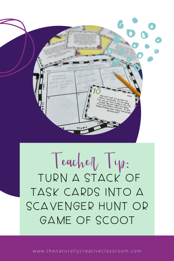 There is a photo of printable multi-step word problem task cards, answer sheet and pencil. It reads: Teacher Tip- turn a stack of task cards into a scavenger hunt or game of scoot. 