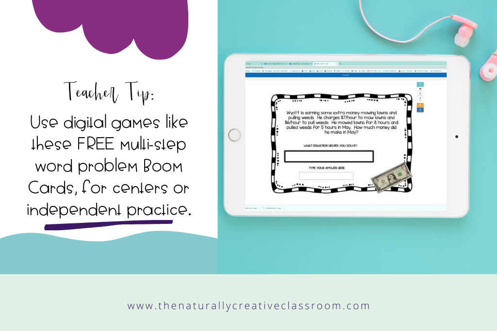 Teacher tip: Use digital games like these free multi-step word problem boom cards, for centers or independent practice.