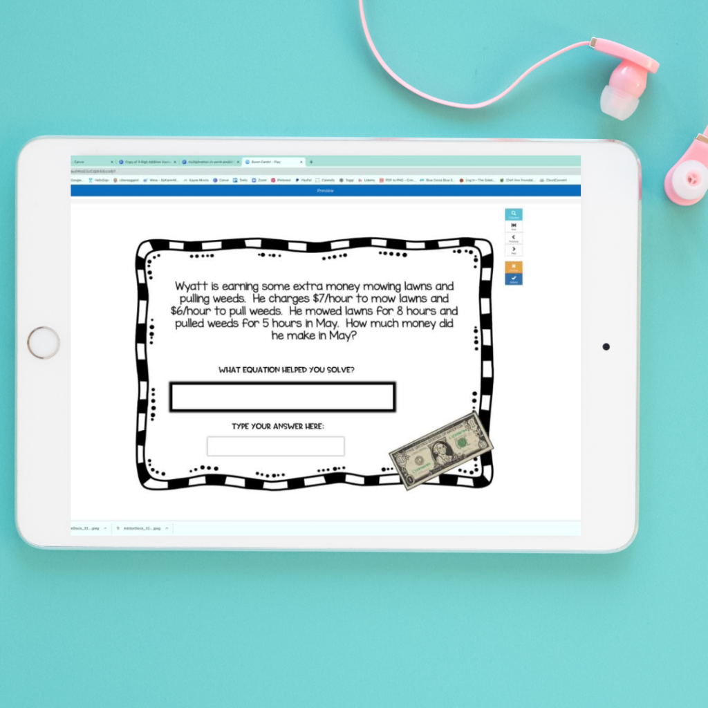an ipad with earbuds showing free multi-step word problem boom cards